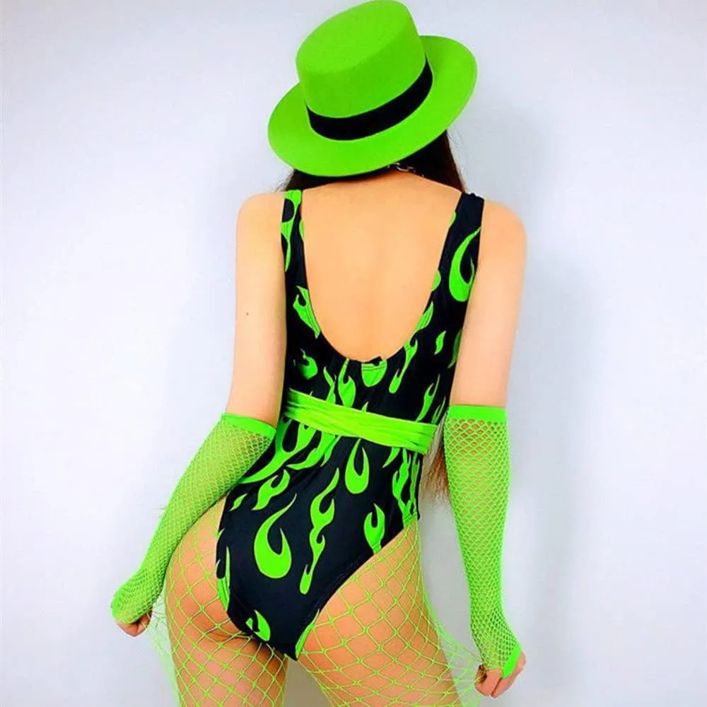 Womens One Piece Flame Print High Cut Bodysuit Swimsuit Bikini Swimwear Bathing Suit Rave Costume