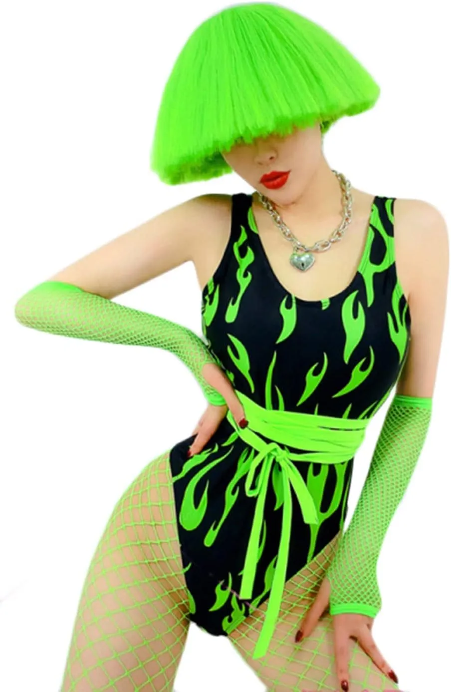 Womens One Piece Flame Print High Cut Bodysuit Swimsuit Bikini Swimwear Bathing Suit Rave Costume