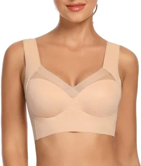 WOWENY Seamless Wirefree Bras for Women Comfy Mesh Soft Padded Back Smoothing Bra